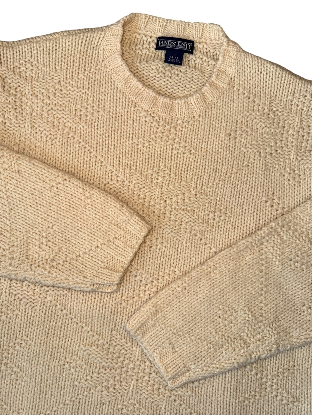 Vintage 80s Lands End Wool Fisherman Sweater Ivory Snowflake USA Large Chunky - Picture 15 of 15